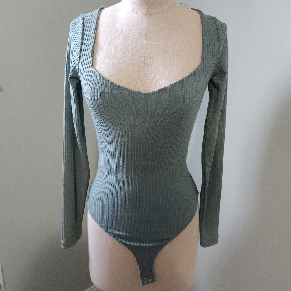 Women's Ribbed Long Sleeve Bodysuit - Green
